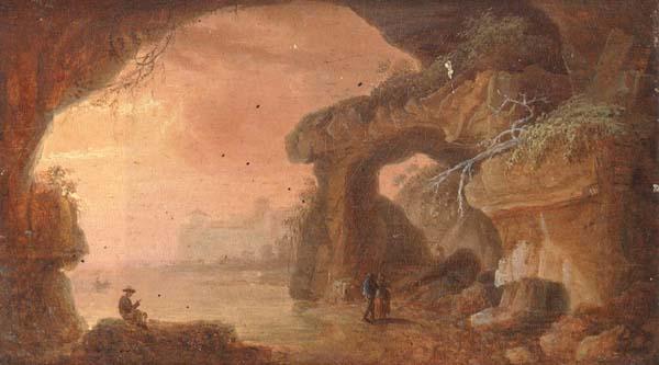 unknow artist A coastal landscape at sunset,with travellers walking along a path